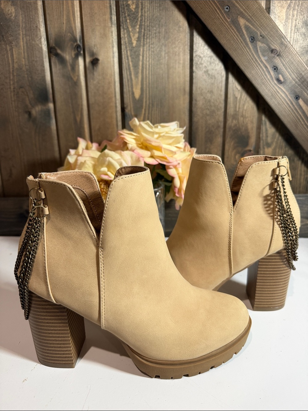 Report Beige Faux Suede Chain Tassel Ankle Boots